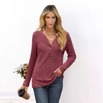 Осенние однотонные свободные топы с V-образным вырезом и длинными рукавами на пуговицах для женщин S бордовый
