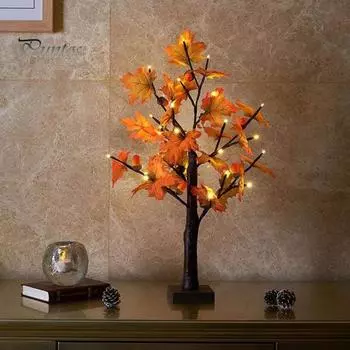 Осенние огни клена с 24/36 светодиодами, работающими от батареек, настольная лампа на День благодарения, искусственная шишка, кленовый лист, урожай, осенний домашний декор S