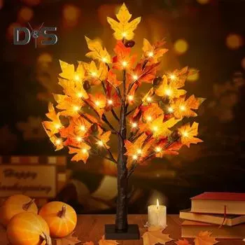 Осенние огни клена с 24/36 светодиодами, работающими от батареек, настольная лампа на День благодарения, искусственная шишка, кленовый лист, урожай, осенний домашний декор S