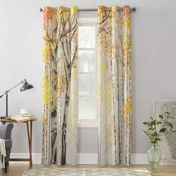 Осенние оконные шторы с березовым лесом для гостиной, спальни, роскошные современные кухонные шторы, тканевые шторы 135W x 60H(cm) x1