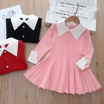 Осенние платья для девочек, детское хлопковое вязаное платье-свитер с деревянными ушками, весенне-осеннее платье принцессы 2T розовый