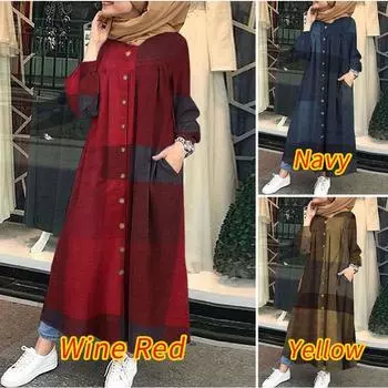 Осенние платья для женщин Платья Платье-рубашка с длинным рукавом Повседневный халат с карманами Мусульман Дубай Мусульманский кафтан Платье с воротником-стойкой Плюс Размер S-5XL S красный