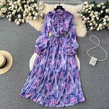 Осенние платья для женщин, винтажное шифоновое платье с цветочными оборками, женское темпераментное плиссированное платье макси One Size оранжевый