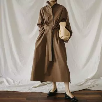 Осенние платья-рубашки Johnature, повседневное корейское свободное платье с отложным воротником, однотонное женское платье с бандажными карманами S коричневый