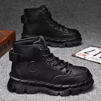Осенние популярные высокие мужские повседневные ботинки универсальные уличные трендовые модные рабочие ботинки толстая подошва удобные спортивные туфли больших размеров 39 чёрный