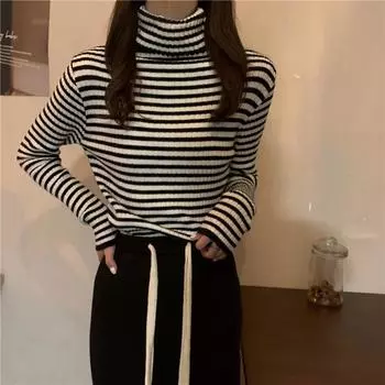 Осенние повседневные модные полосатые водолазки с длинным рукавом, винтажные пуловеры, свободный милый свитер Harajuku One Size красный