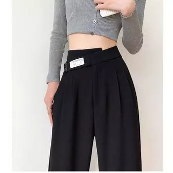 Осенние повседневные широкие брюки, свободная плиссированная рабочая одежда, брюки с нашивками, одежда с эластичной резинкой на талии S чёрный