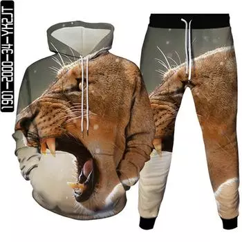 Осенние повседневные спортивные костюмы, женские толстовки с принтом льва в стиле аниме 3D и брюки, мужские уличные костюмы больших размеров, костюм из 2 предметов, S-6XL 5XL