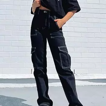 Осенние повседневные свободные брюки, уличная одежда, модные женские летние брюки-карго, брюки с карманами, однотонные джоггеры Pantalon 29448 S чёрный