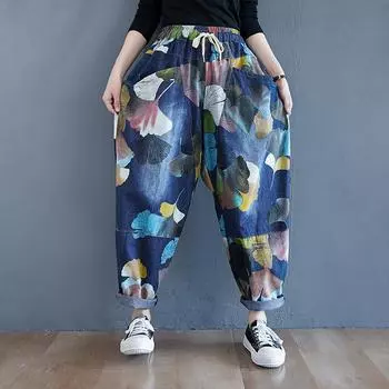 Осенние повседневные свободные джинсы с эластичной резинкой на талии, брюки Харен, женские брюки M чёрный