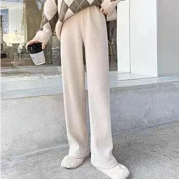 Осенние повседневные свободные женские брюки с высокой талией, зимние однотонные элегантные широкие брюки из синели, женские флисовые теплые винтажные прямые женские брюки 25684 S