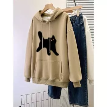 Осенние повседневные толстовки большого размера Женские толстовки с забавным рисунком Удобные эластичные толстовки Свободные карманы Теплая одежда Модные уличные женские пуловеры M хаки