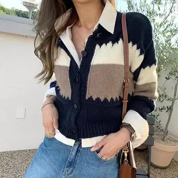 Осенние повседневные топы, модная винтажная свободная куртка, лоскутный вязаный кардиган с длинными рукавами и v-образным вырезом, короткий свитер, верхняя одежда 29493 One Size темно-синий