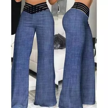 Осенние повседневные женские широкие расклешенные брюки с сетчатыми вставками и перекрестными узорами, элегантные рабочие брюки с высокой талией, большие размеры XS белый