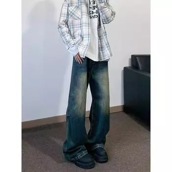 Осенние прямые джинсы мужские потертые повседневные модные брендовые уличные дизайнерские ощущения, прочные и красивые ретро плиссированные брюки длиной до пола S синий