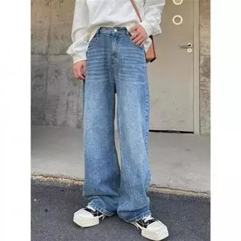 Осенние прямые джинсы мужские потертые повседневные модные брендовые уличные дизайнерские ощущения, прочные и красивые ретро плиссированные брюки длиной до пола S светло-синий