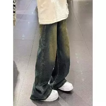 Осенние прямые джинсы мужские потертые повседневные модные брендовые уличные дизайнерские ощущения, прочные и красивые ретро плиссированные брюки длиной до пола S синий