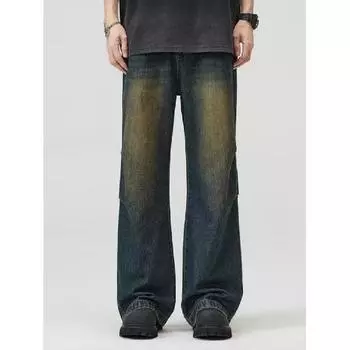 Осенние прямые джинсы мужские потертые повседневные модные брендовые уличные дизайнерские ощущения, прочные и красивые ретро плиссированные брюки длиной до пола S синий