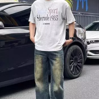 Осенние прямые джинсы мужские потертые повседневные модные брендовые уличные дизайнерские ощущения, прочные и красивые ретро плиссированные брюки длиной до пола S синий