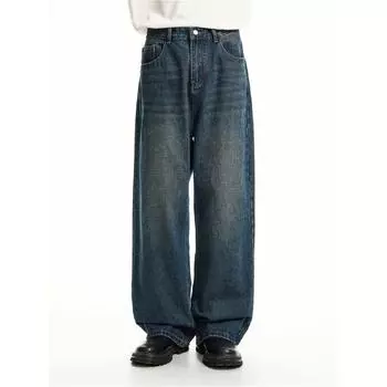 Осенние прямые джинсы мужские потертые повседневные модные брендовые уличные дизайнерские ощущения, прочные и красивые ретро плиссированные брюки длиной до пола S темно-синий