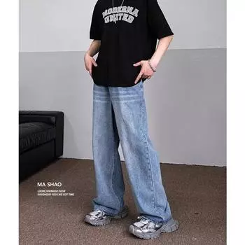 Осенние прямые джинсы мужские потертые повседневные модные брендовые уличные дизайнерские ощущения, прочные и красивые ретро плиссированные брюки длиной до пола S светло-синий