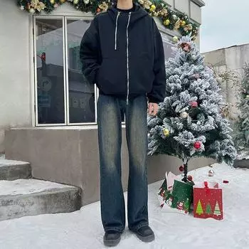 Осенние прямые джинсы мужские потертые повседневные модные брендовые уличные дизайнерские ощущения, прочные и красивые ретро плиссированные брюки длиной до пола S синий