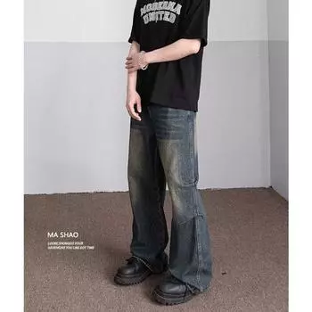 Осенние прямые джинсы мужские потертые повседневные модные брендовые уличные дизайнерские ощущения, прочные и красивые ретро плиссированные брюки длиной до пола S синий