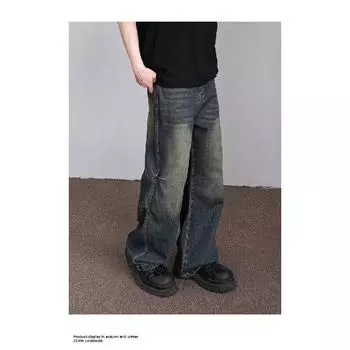 Осенние прямые джинсы мужские потертые повседневные модные брендовые уличные дизайнерские ощущения, прочные и красивые ретро плиссированные брюки длиной до пола S синий