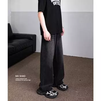 Осенние прямые джинсы мужские потертые повседневные модные брендовые уличные дизайнерские ощущения, прочные и красивые ретро плиссированные брюки длиной до пола S светло-синий