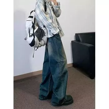 Осенние прямые джинсы мужские потертые повседневные модные брендовые уличные дизайнерские ощущения, прочные и красивые ретро плиссированные брюки длиной до пола S синий