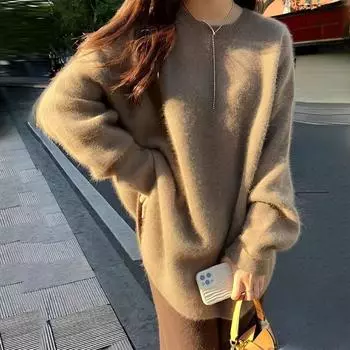 Осенние пуловеры с круглым вырезом, свитера для женщин, зимние винтажные свободные вязаные свитера для женщин с длинным рукавом, модные однотонные повседневные джемперы, трикотажные изделия 25450 One Size розовый