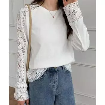 Осенние японские однотонные свободные топы с длинными рукавами и круглым вырезом для женщин, кружевные лоскутные футболки One Size серый