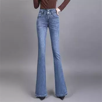 Осенние расклешенные джинсы с высокой талией, женские корейские модные джинсы для отдыха, тонкие, модные, эластичные, хипстерские, винтажные, элегантные, полная длина, женские S синий