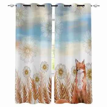 Осенние растения колосья пшеницы маргаритки лисы акварельные затемняющие шторы для гостиной спальни оконные шторы шторы W135 x H60cm