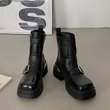 Осенние ретро-ботинки с квадратной головкой из металла для мотоцикла, черные короткие ботинки на толстой подошве для женщин, обувь Buckle Knight Botines Chelsea 35 чёрный