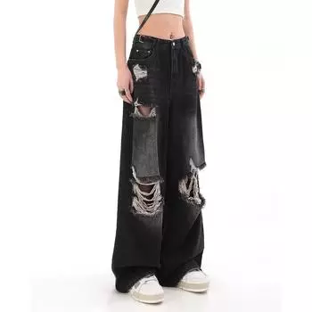 Осенние ретро-джинсы High Street Ripped для женщин Straight Tube Loose Floor Wide Leg PantsStreetwear Female S чёрный