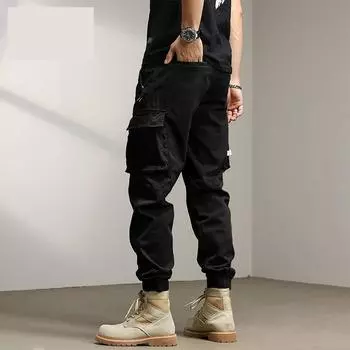 Осенние ретро тканые брюки-карго мужские стираные эластичные талии шнурок свободные повседневные брюки S