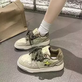Осенние ретро-туфли в стиле колледжа для моральной подготовки, повседневные туфли с пятиконечной звездой, на плоской подошве, со шнуровкой, для занятий сноубордом 35 зелёный
