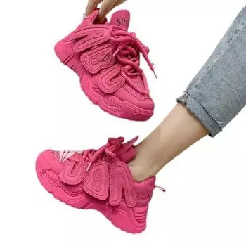 Осенние розовые массивные кроссовки на платформе, дышащая повседневная обувь на толстой подошве со шнуровкой, женская модная уличная прогулочная обувь без шнуровки 35