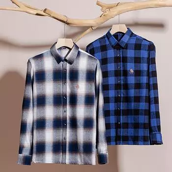 Осенние рубашки из чистого хлопка и фланели для деловых мужчин в повседневную клетку с длинным рукавом 38
