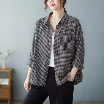 Осенние рубашки из хлопка и льна с нагрудным карманом, художественные рубашки больших размеров с отворотами и длинными рукавами в клетку для женщин M чёрный