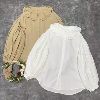 Осенние рубашки Johnature Mori с оборками и воротником, повседневные однотонные свободные универсальные простые женские блузки с рукавами-фонариками