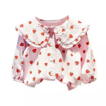 Осенние рубашки с принтом для девочек, повседневные хлопковые детские блузки, рубашка с клубничным принтом, детская блузка с длинными рукавами, топы 100