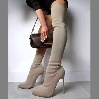 Осенние сапоги выше колена на шпильках с высоким каблуком, черные, ретро, сексуальные, женские сапоги Bota Feminina 2024, большие размеры, эластичные сапоги 36 бежевый
