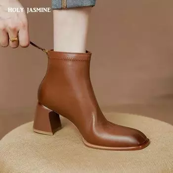 Осенние сапоги женские с круглым носком и толстым каблуком женские сапоги из натуральной кожи женские лаконичные короткие сапоги сапоги на высоком каблуке с застежкой-молнией 34 чёрный