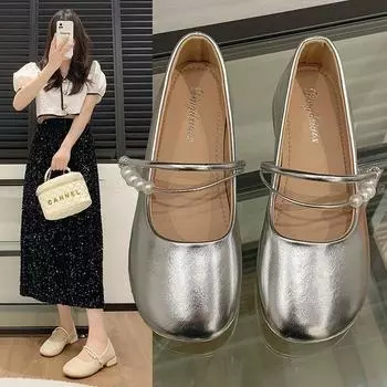 Осенние серебристые туфли Мэри Джейн Летние туфли на толстом каблуке с неглубоким носком Однотонные женские туфли на низком каблуке 35 серебряный