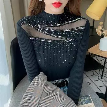 Осенние сетчатые свитера с половиной выреза, женские пуловеры с длинными рукавами, женские зимние свитера со стразами, облегающий свитер, трикотаж 29437 One Size чёрный