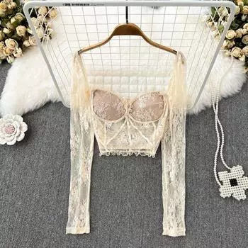 Осенние сексуальные чистые желания, темперамент ветра, с длинными рукавами и квадратным воротником, тонкие тонкие кружевные топы с высокой талией, короткие топы