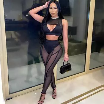 Осенние сексуальные прозрачные сетчатые повседневные брюки с высокой талией в Европе и США, тонкие женские спортивные повседневные брюки S красный