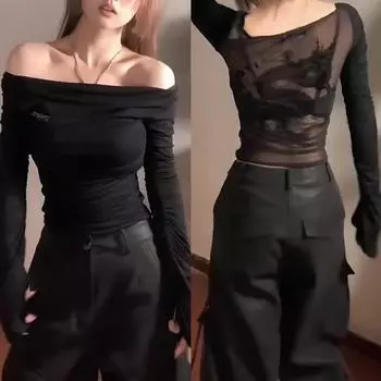 Осенние сексуальные топы с открытыми плечами из сетки, шикарные новые симпатичные пуловеры Y2k Design, эстетичные пуловеры Harajuku Fashion Clothing Women S чёрный